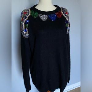 Vintage KUDOS Womens Sweater Black Silk Angora Lambswool Sequin Jewel M